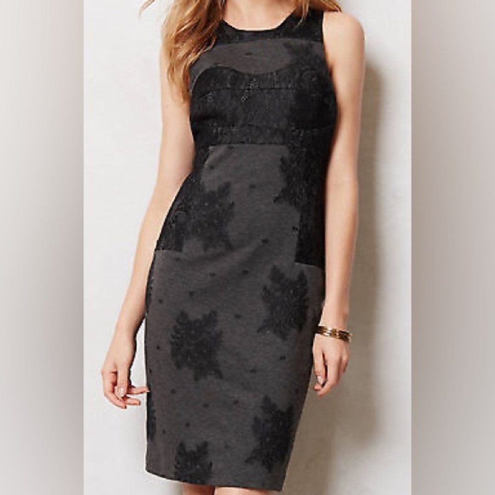 Maeve by Anthropologie Black Gray Lace Flocked Column Sleeveless Sheath Dress